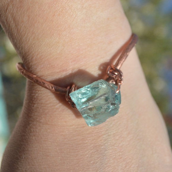 Conceptual Subculture Jewelry - Natural Blue Sea Glass Copper Cuff Bracelet Boho Handmade wire wrapped